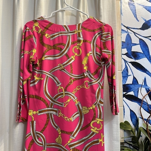 New Women’s Barbara Gerwit Nylon & Spandex 3/4 Sleeve Pink & Gold Dress Size S - Picture 8 of 10